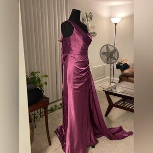 Purple Satin Mermaid Dress One Shoulder Long Formal Ruched
